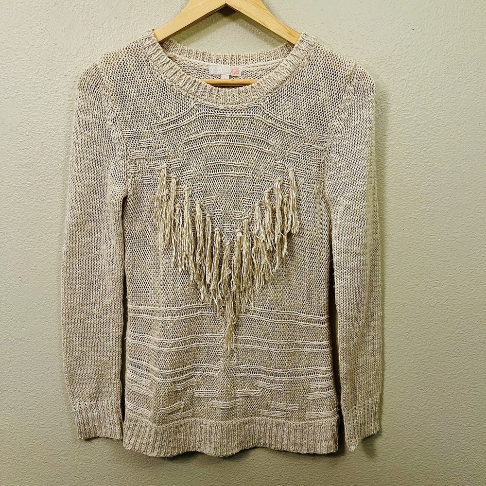 GP Beige Fringe Accent Knit Sweater Tassels Boho Festival Hippie Western Size S‎